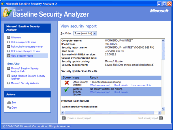 Microsoft Baseline Security Analyzer Screenshot
